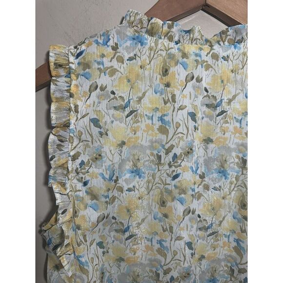 Rachel Zoe Sleeveless Top Yellow Blue Floral Silver Shimmer Large Ruffle‎ V Neck - Picture 8 of 8
